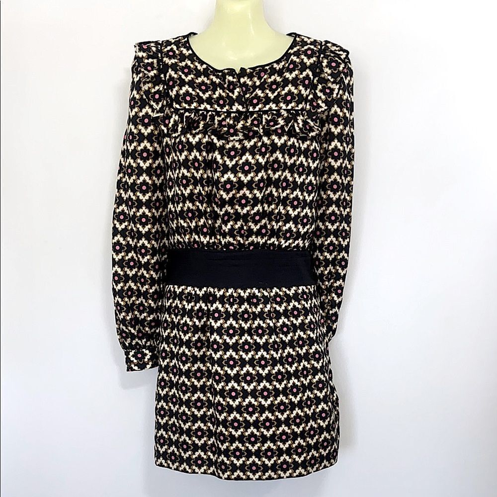 Milly Of New York Black and Cream Silk Patterned Mini Dress Sz 6